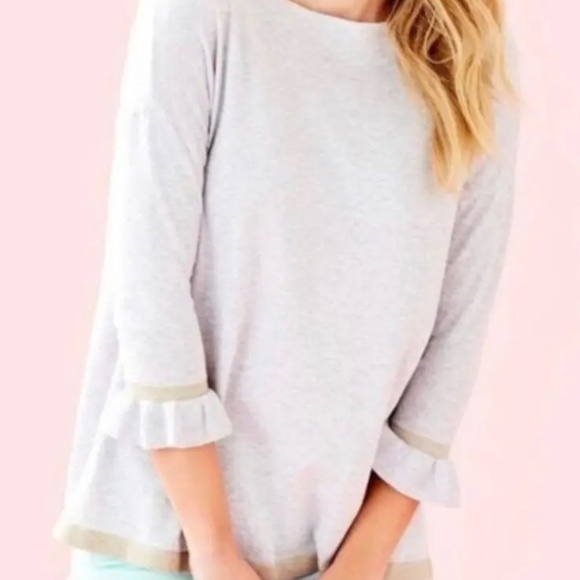 NWOT Lilly Pulitzer Charla Ruffle Cuff Sweater Heathered Seaside Gray Sz MEDIUM - Picture 1 of 5